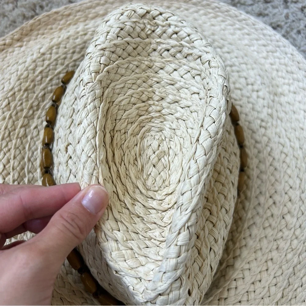 100% Paper Tortoise/Brown Beaded Design Beach Hat Floppy Size S/M